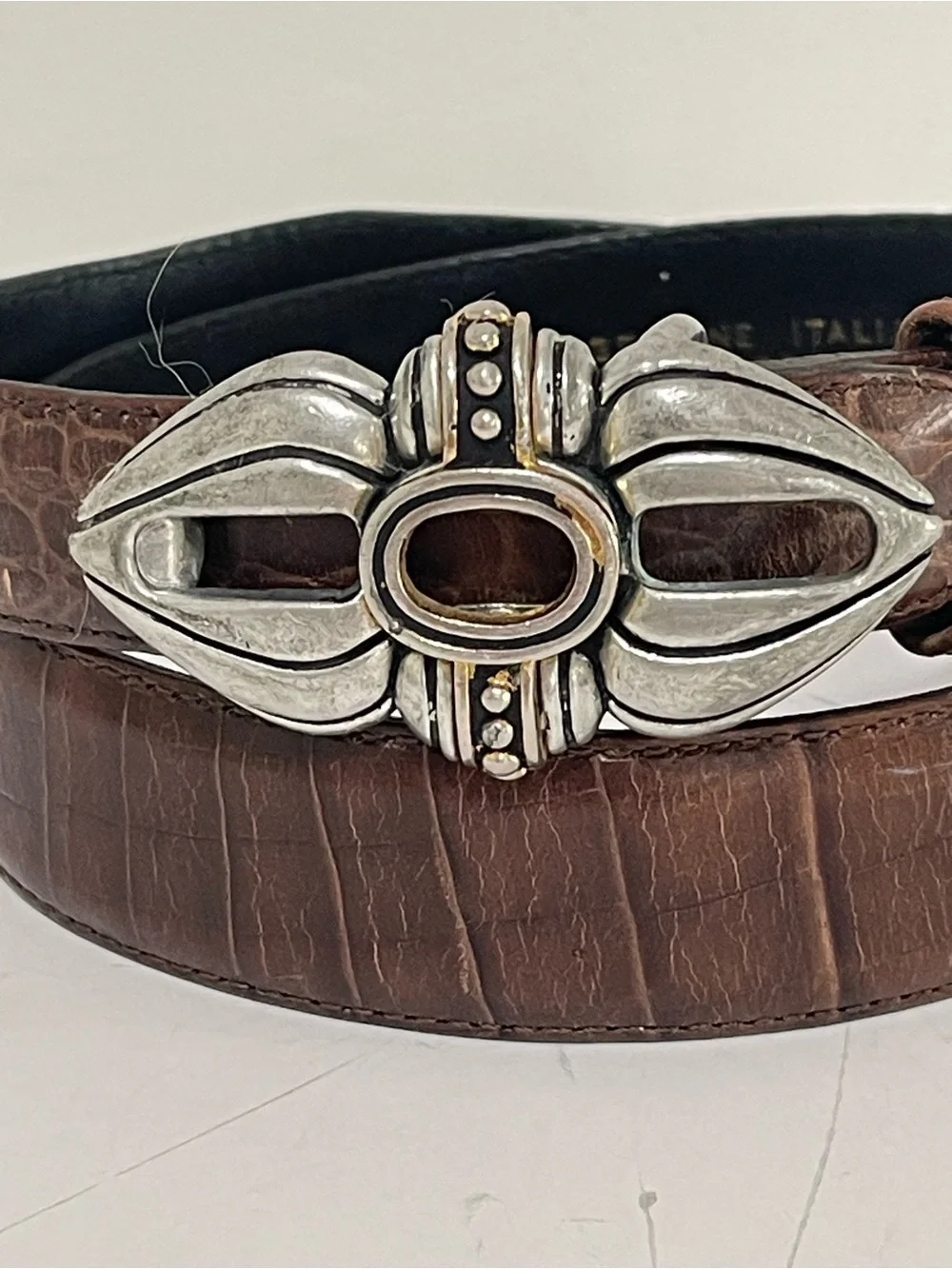 Vintage Vicenza Genuine Italian Calfskin Croc Embossed Belt Ornate Buckle Sz 28